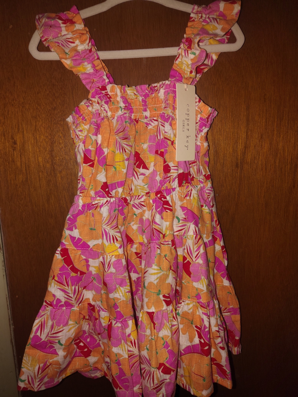 Copper Key Pink and Orange Floral Ruffle Sundress